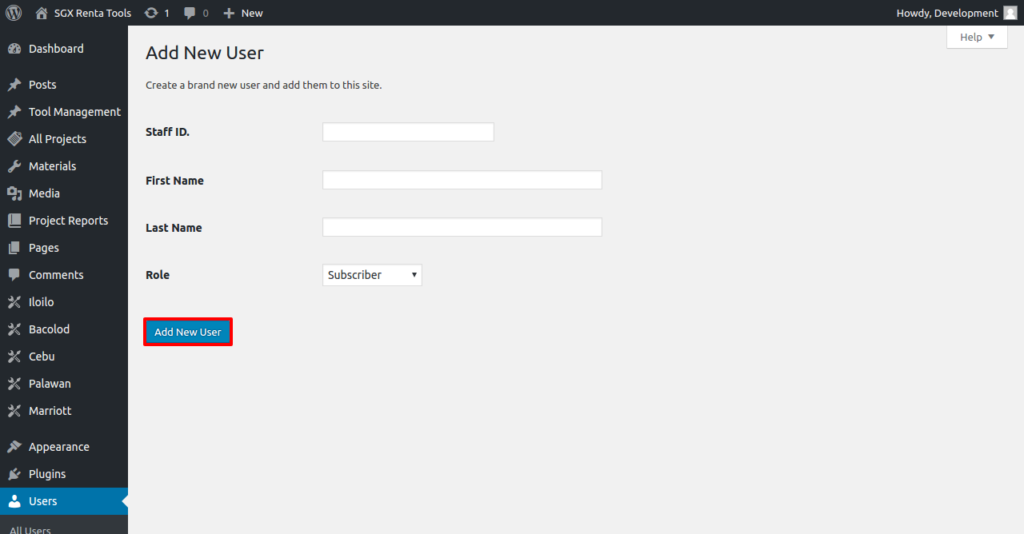 Add New User ‹ SGX Renta Tools — WordPress