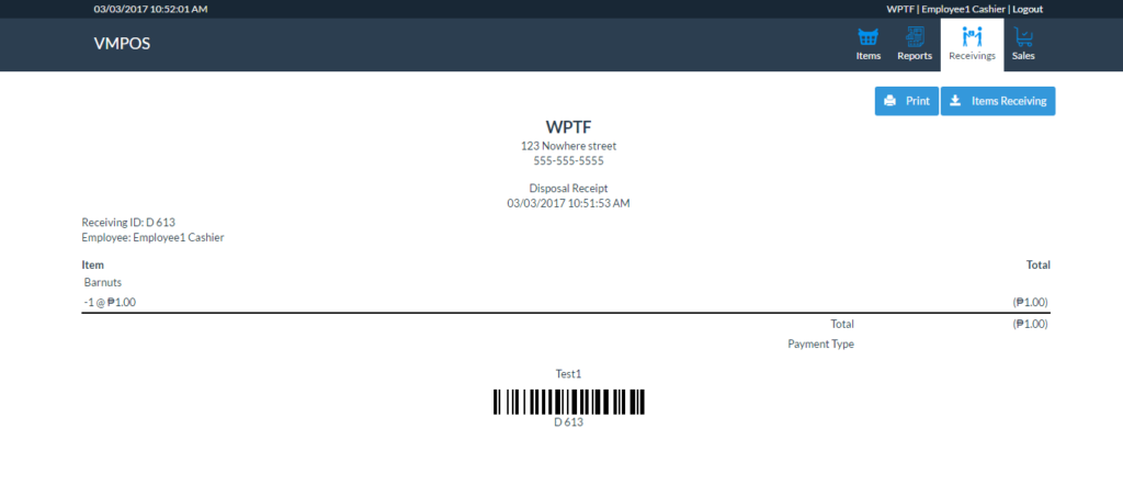 disposal receipt for cashier